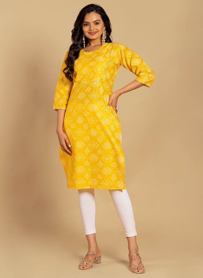 Viscose Yellow Daily Wear Foil Work Readymade Kurti With Leggings